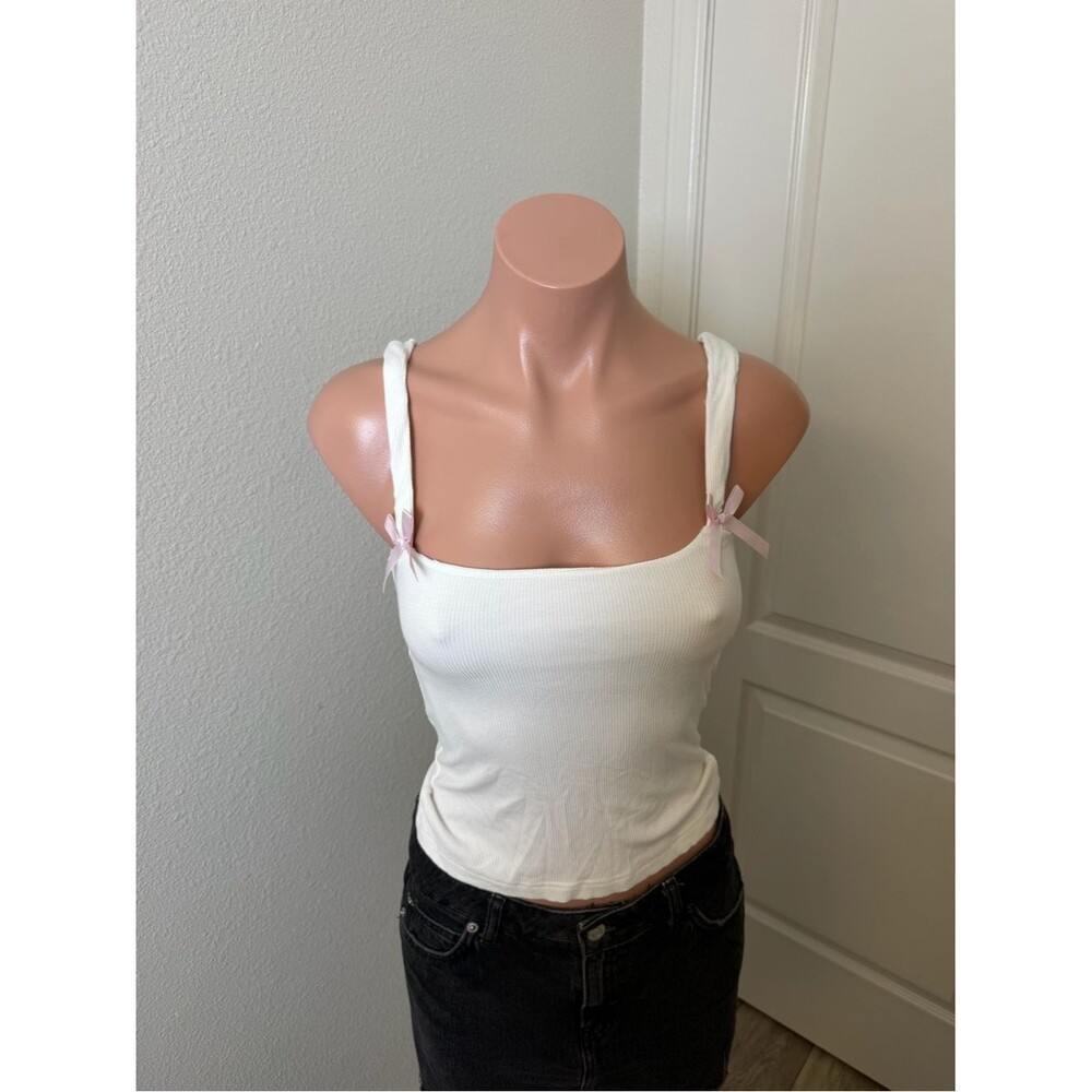Edikted White Ribbed Tank Top with Pink Bow Straps Sz XS